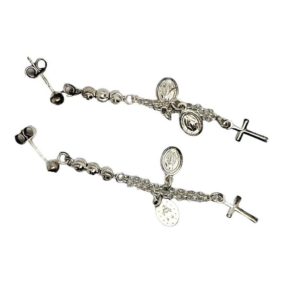 925 Sterling Silver Religious Medal drop dangle beads and chain Earrings - Picture 4 of 4